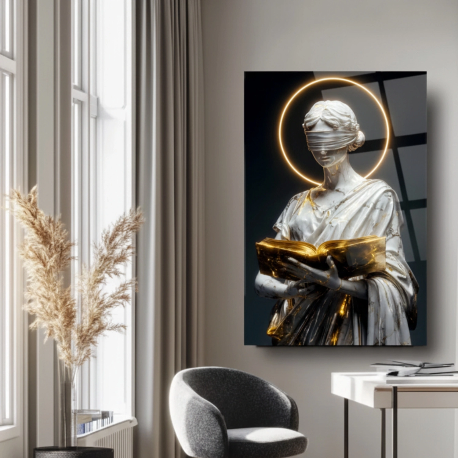 Adalet Temalı Altın Kitaplı Heykel Cam Tablo