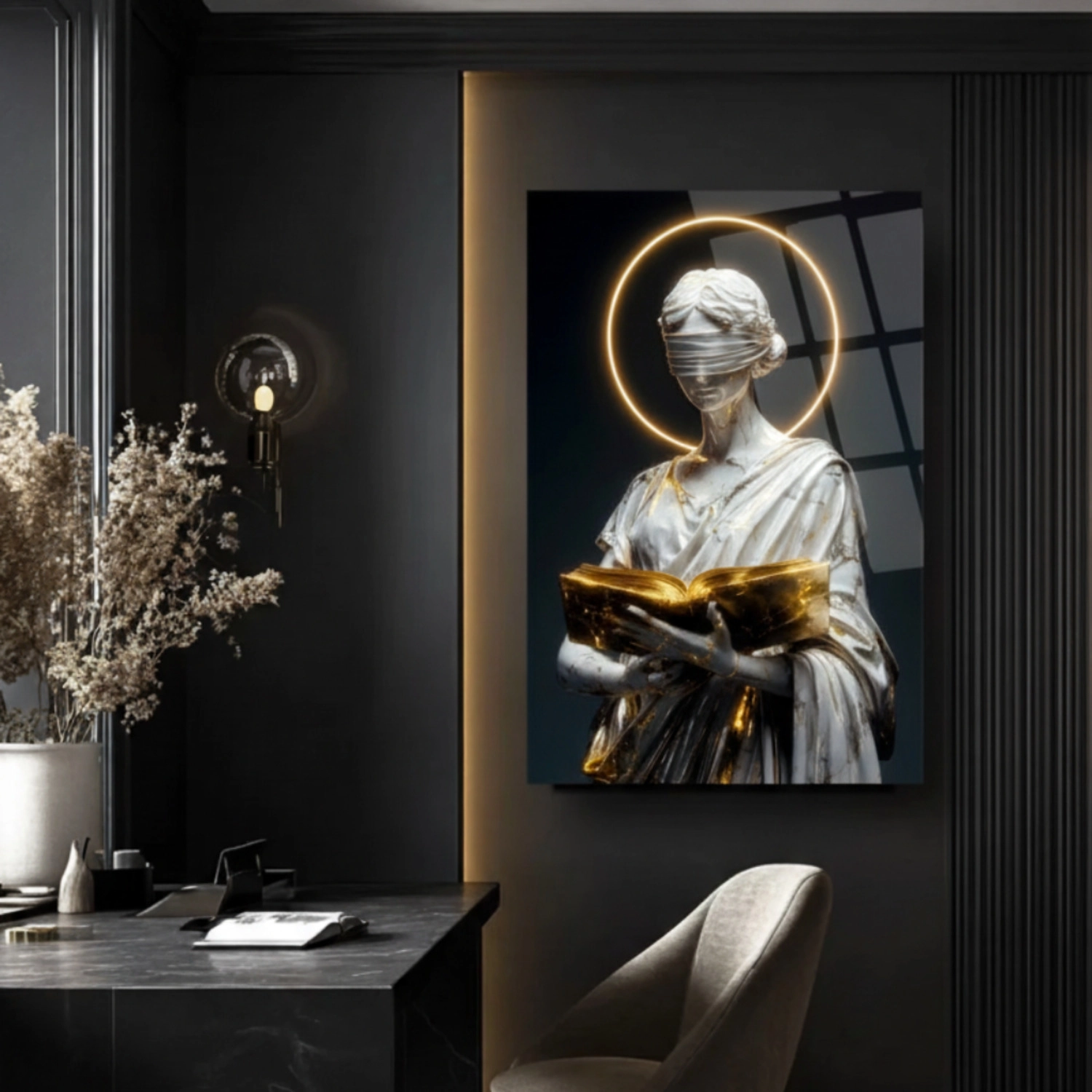 Adalet Temalı Altın Kitaplı Heykel Cam Tablo