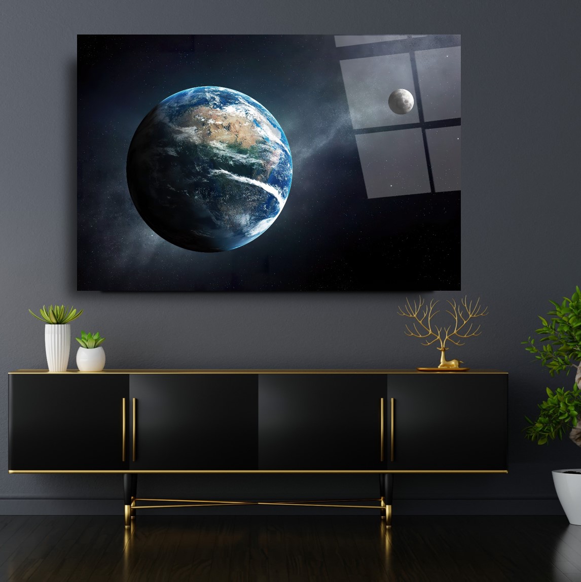 Dünya Ve Ay Cam Tablo
