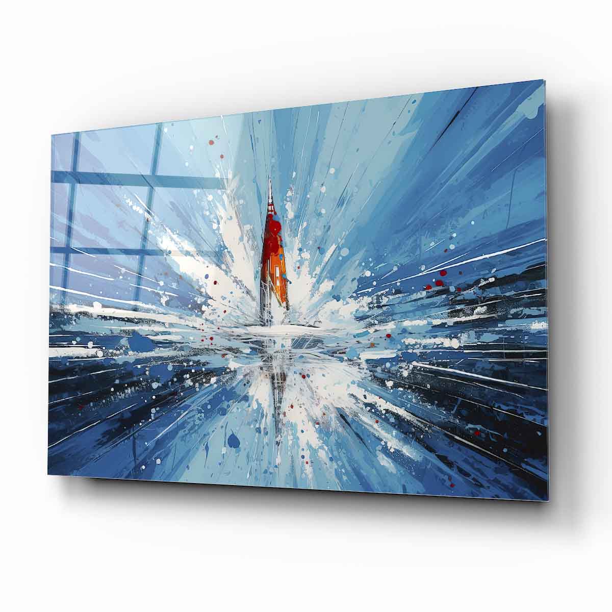 Mavi Sıçrama Soyut Cam Tablo