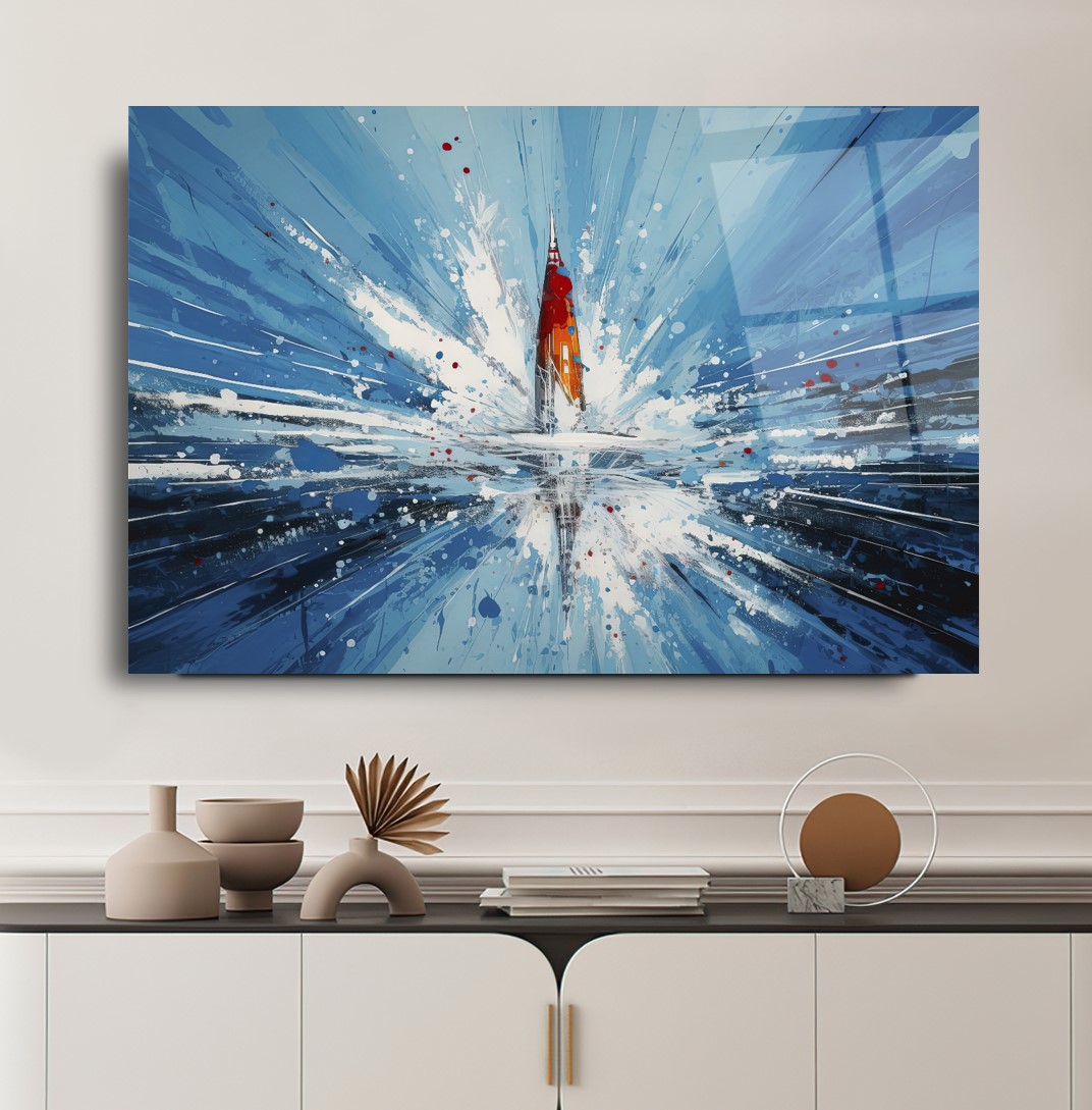 Mavi Sıçrama Soyut Cam Tablo