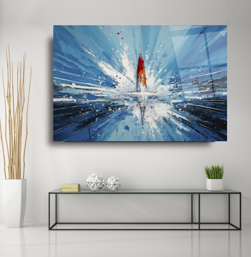 Mavi Sıçrama Soyut Cam Tablo