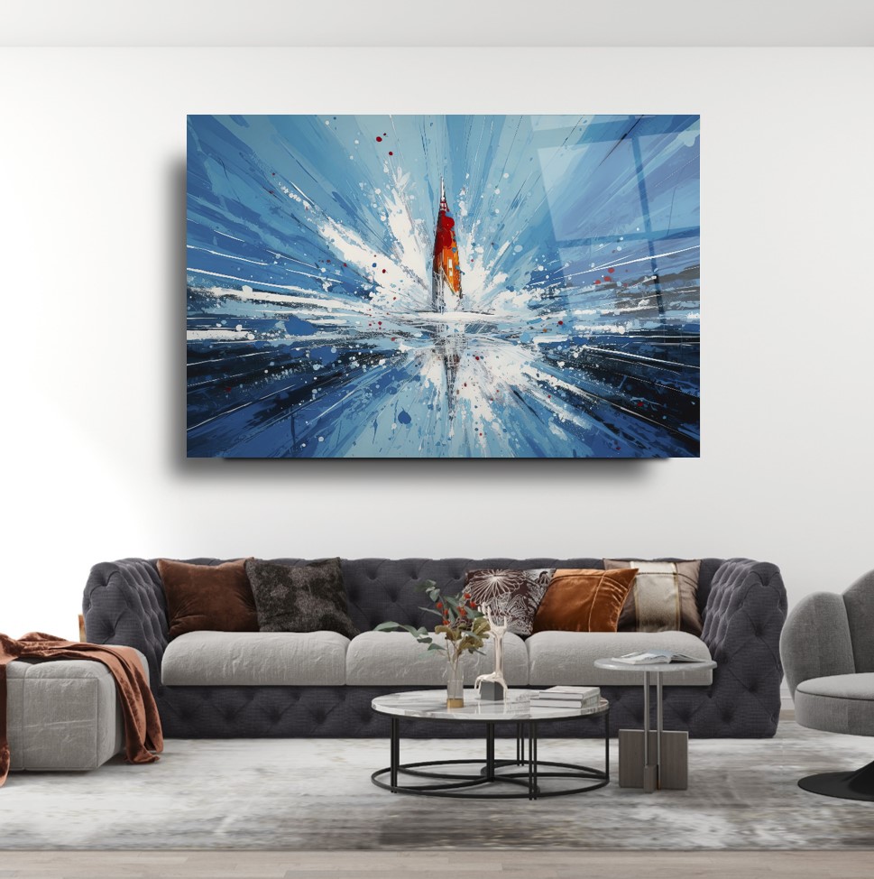 Mavi Sıçrama Soyut Cam Tablo