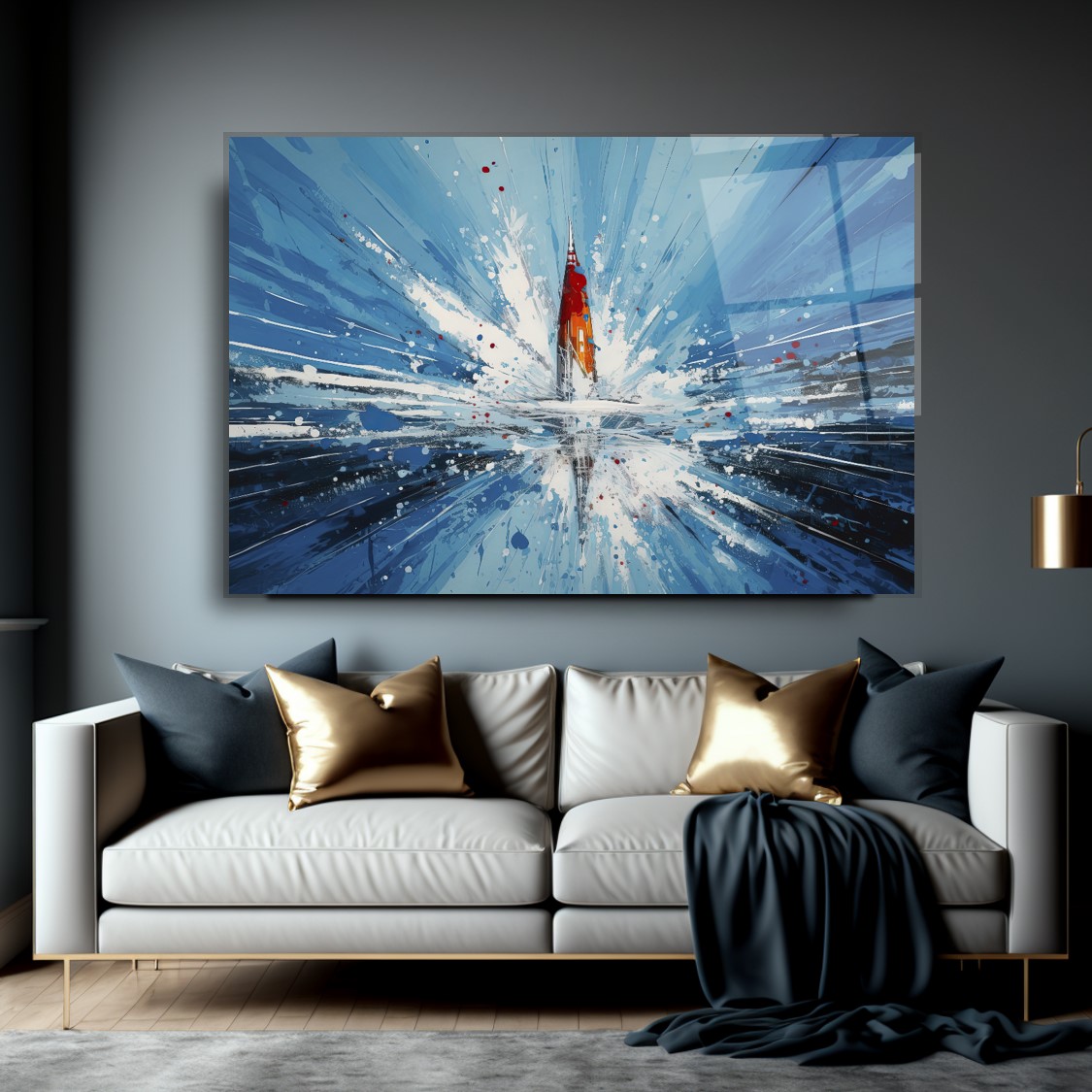 Mavi Sıçrama Soyut Cam Tablo