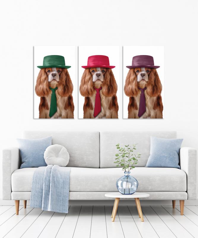 Şapkalı Köpekler 3 Parça Mdf Tablo