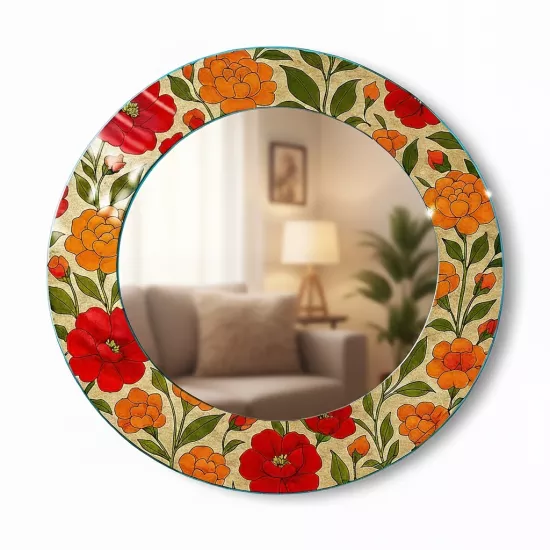Turuncu Çiçekli Yuvarlak  Ayna
