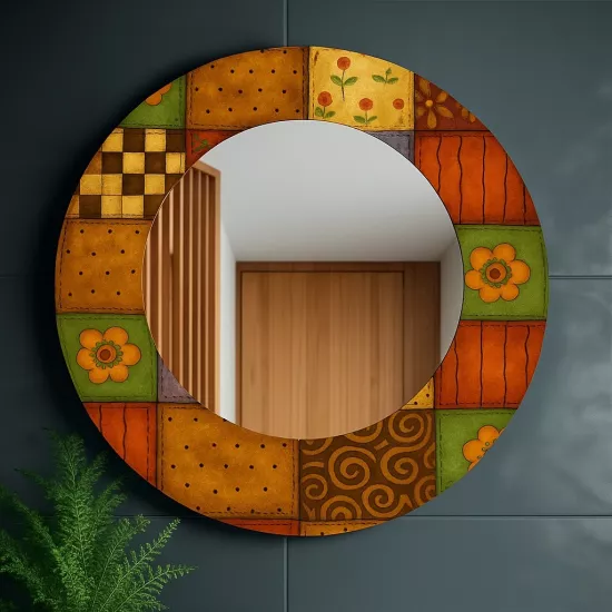 Kahverengi Desenli Yuvarlak   Ayna