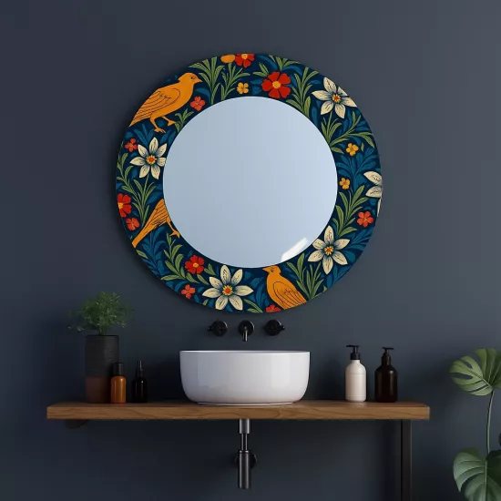 Kuşlu Çiçekli Yuvarlak Ayna