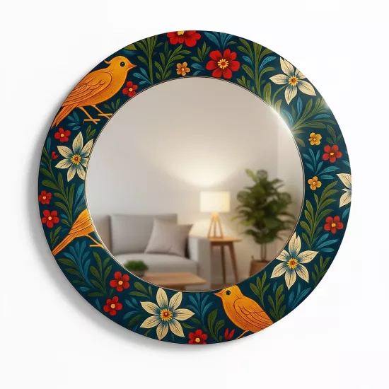 Kuşlu Çiçekli Yuvarlak Ayna