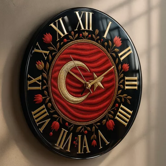 Nakışlı Türk Bayrağı Cam Duvar Saati