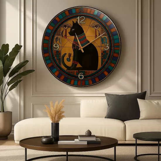 Mısır Kedisi Cam Duvar Saati