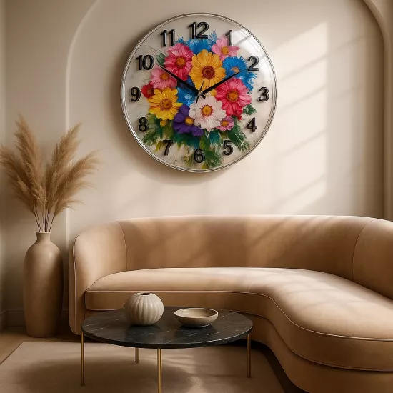 Çiçekli Cam Duvar Saati
