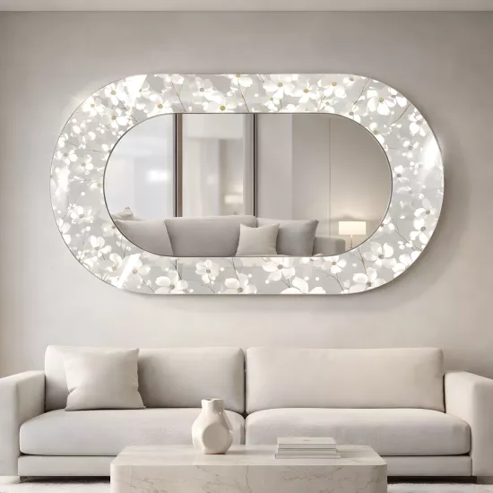 Beyaz Çiçekli Cam Çerçeveli Oval Ayna