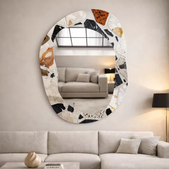 Desenli Cam Çerçeveli Şekilli Ayna