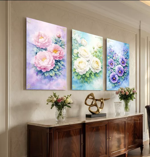 Çiçekli Üçlü Cam Tablo Seti