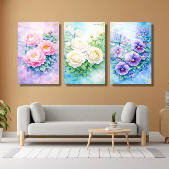 Çiçekli Üçlü Cam Tablo Seti