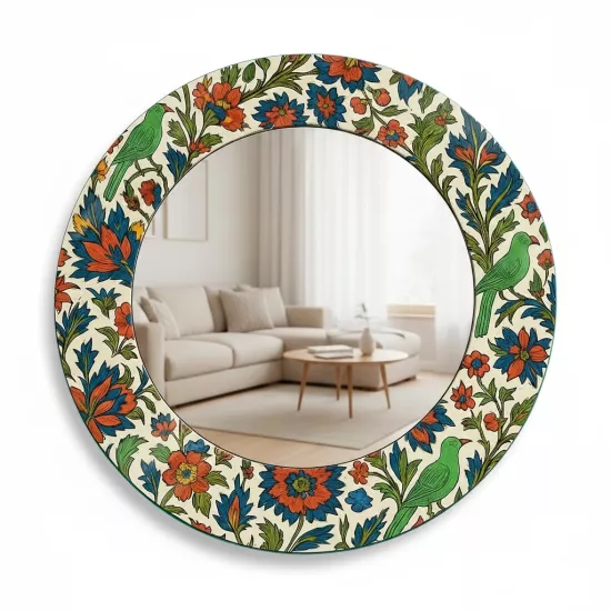 Yeşil Kuşlu Çiçekli Yuvarlak Ayna