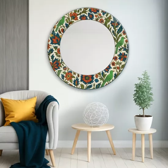 Yeşil Kuşlu Çiçekli Yuvarlak Ayna