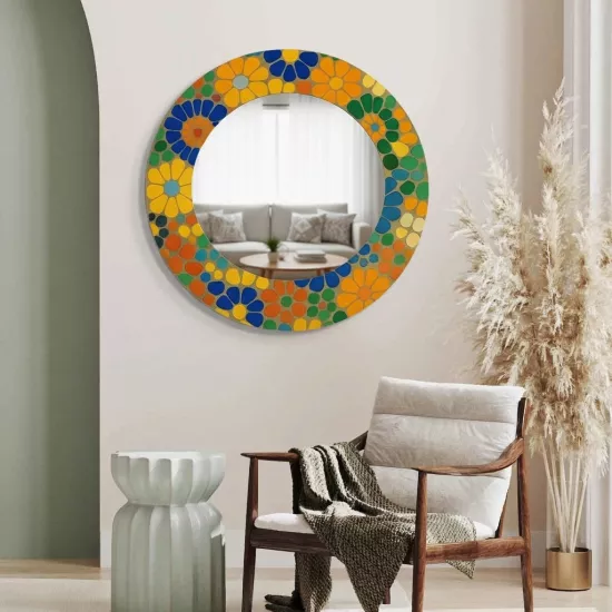 Çiçek Desenli Yuvarlak Ayna