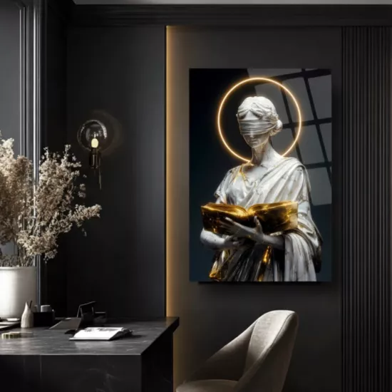 Adalet Temalı Altın Kitaplı Heykel Cam Tablo