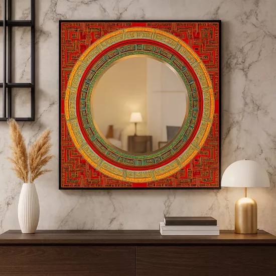 Etnik Desenli Turuncu Kare  Ayna