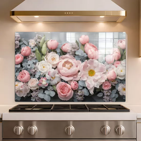 Pembe Çiçekli Ocak Arkası Cam Koruyucu