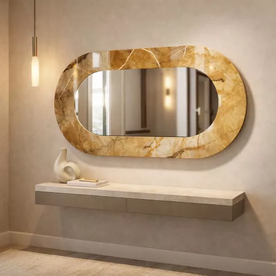 Gold Mermer Görünümlü Cam Çerçeveli Oval Ayna
