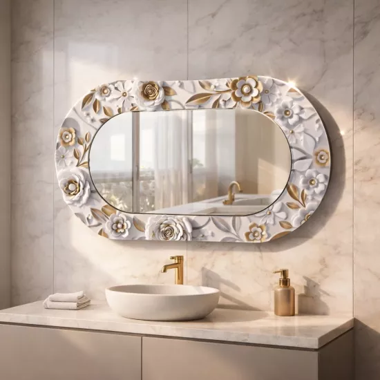 Kabartma Çiçek Görünümlü Cam Çerçeveli Oval Ayna