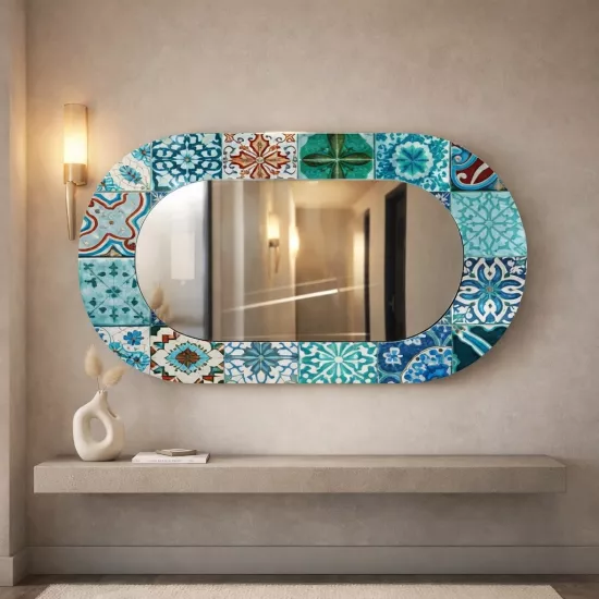 Karo Desenli Mavi Cam Çerçeveli Oval Ayna