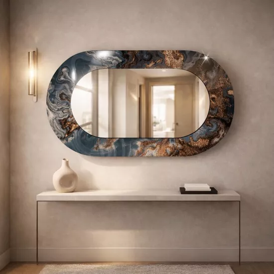 Mermer Görünümlü Baskılı Cam Çerçeveli Oval Ayna
