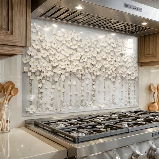 Beyaz Çiçekli Ocak Arkası Cam Koruyucu