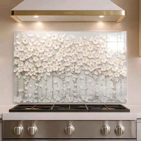 Beyaz Çiçekli Ocak Arkası Cam Koruyucu