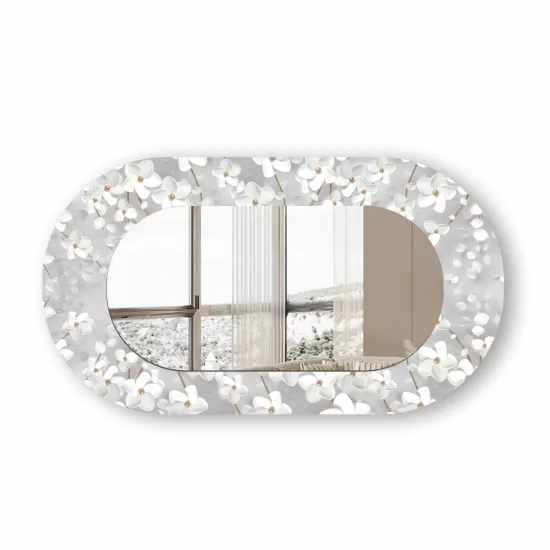 Beyaz Çiçekli Cam Çerçeveli Oval Ayna