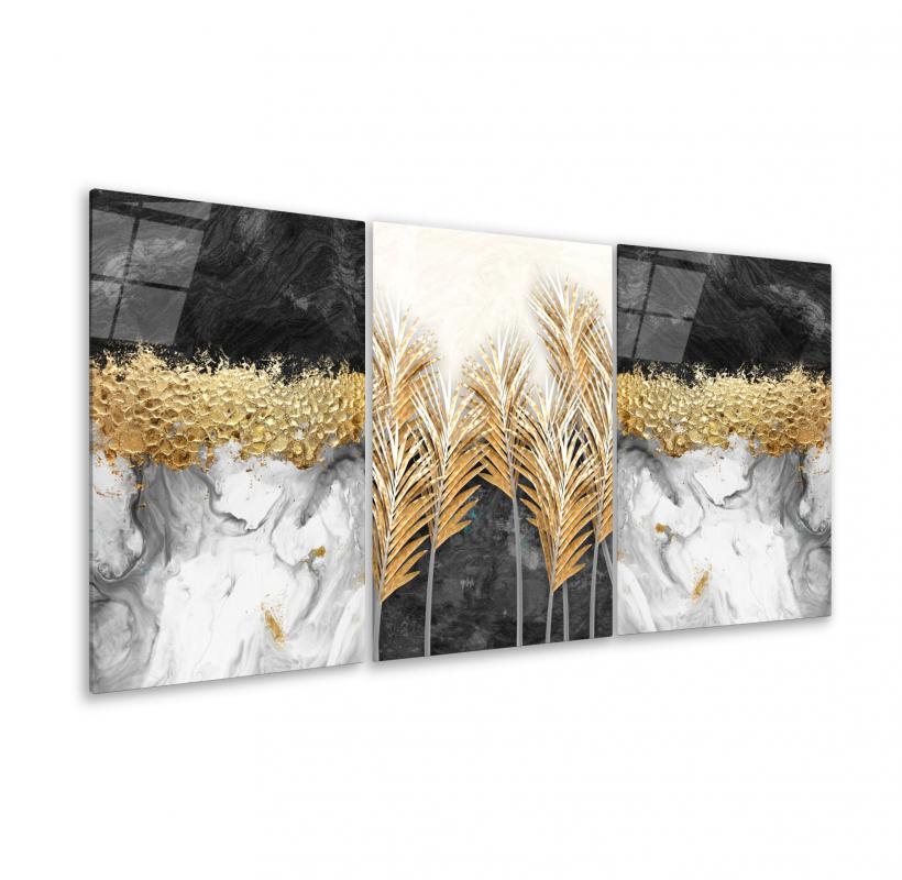 Mermer Desen Çiçekler Triple Cam Tablo Seti