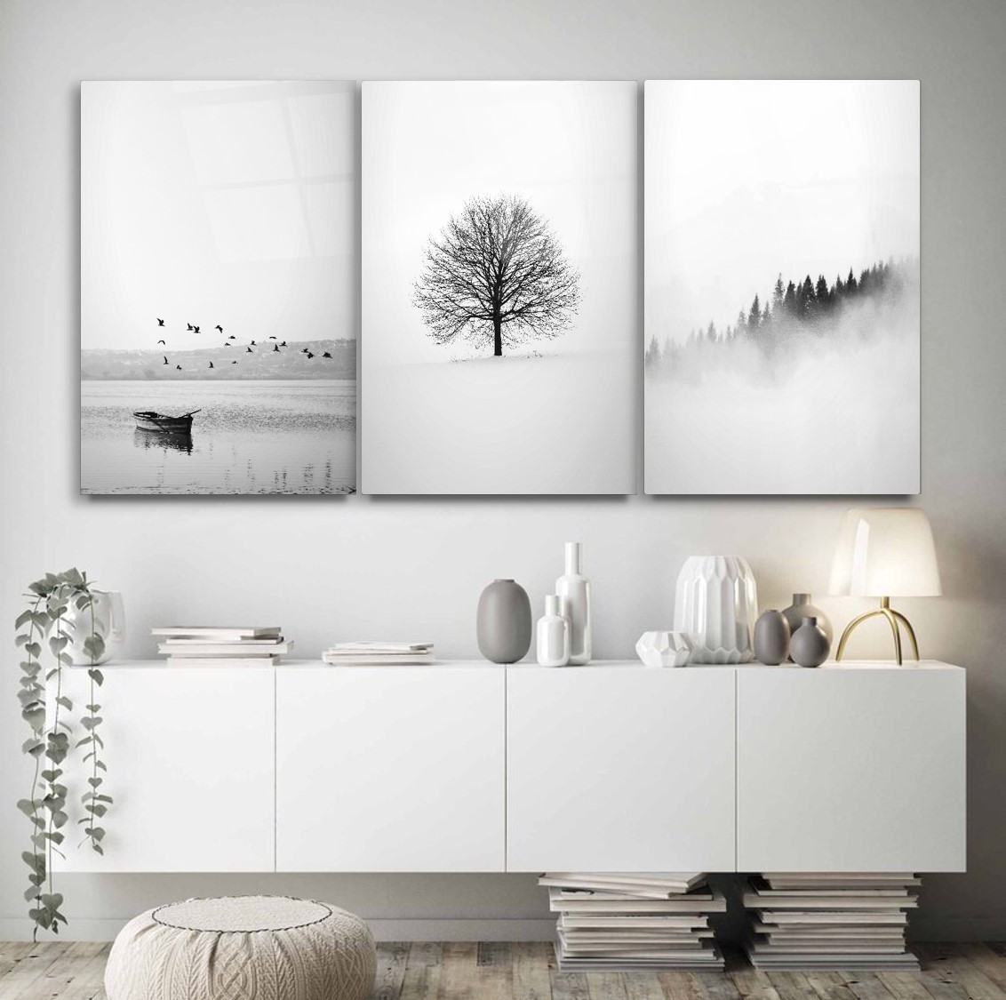 Siyah Beyaz Manzara Triple Cam Tablo Seti