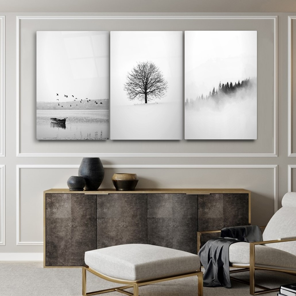 Siyah Beyaz Manzara Triple Cam Tablo Seti