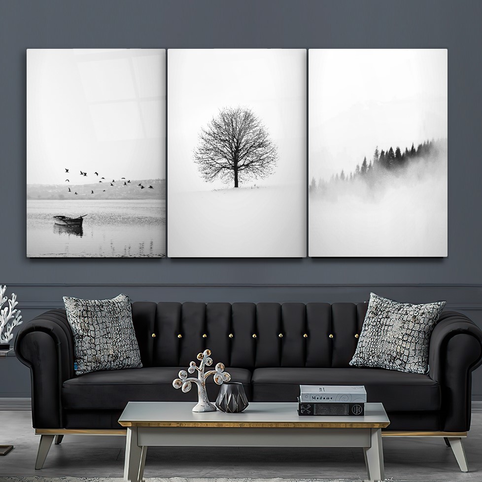Siyah Beyaz Manzara Triple Cam Tablo Seti