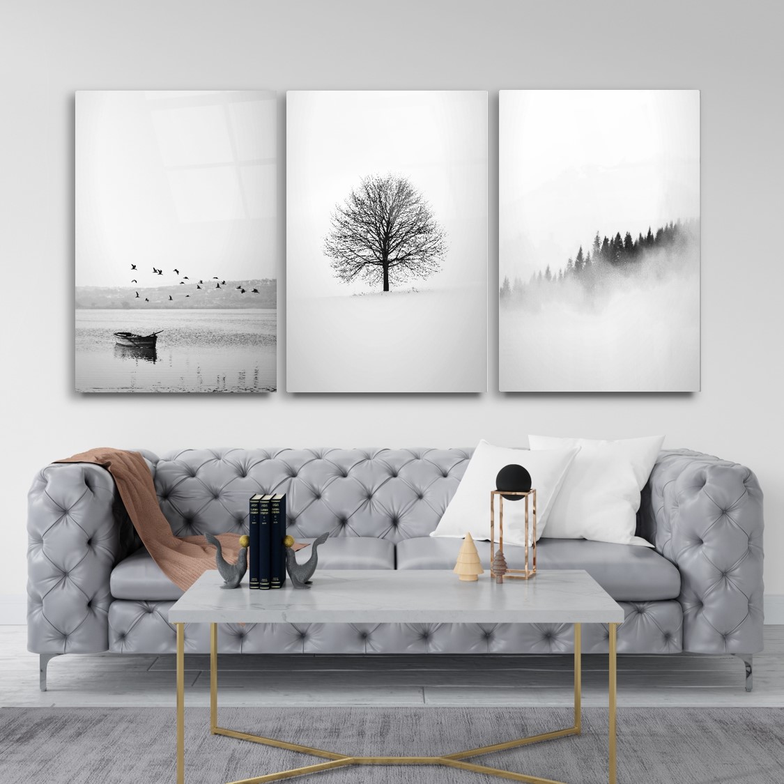 Siyah Beyaz Manzara Triple Cam Tablo Seti