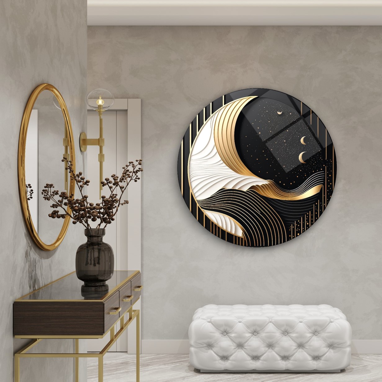 Gece Manzarası Yuvarlak Cam Tablo