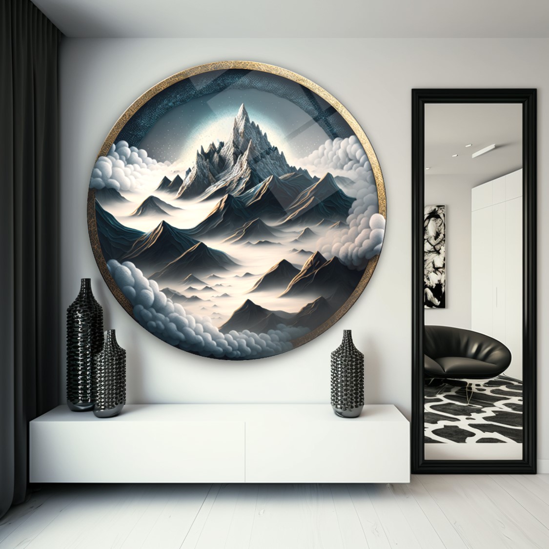 Dağ Manzarası Yuvarlak Cam Tablo