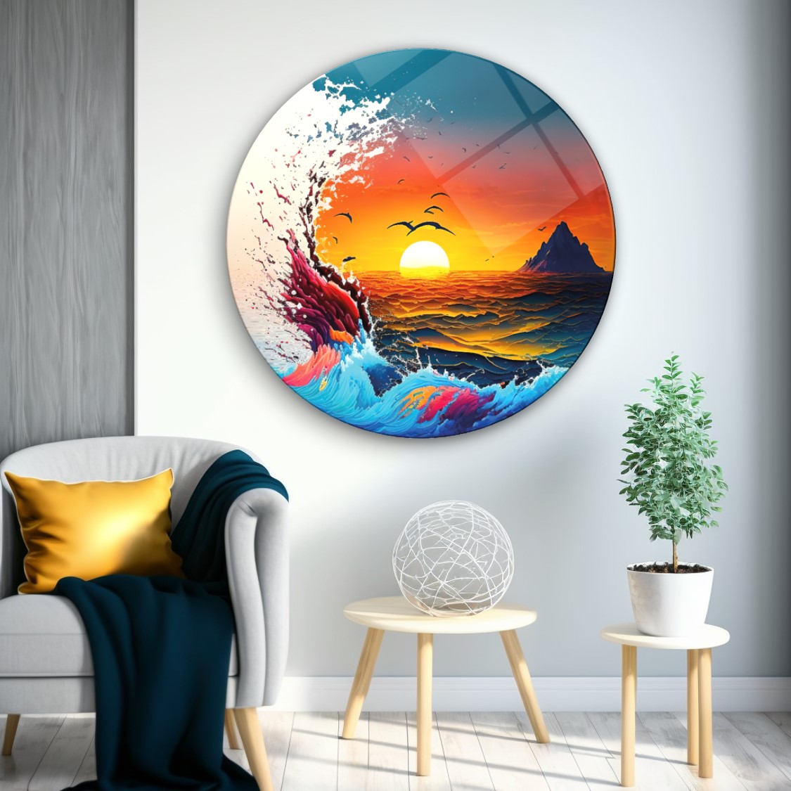 Deniz Manzarası Yuvarlak Cam Tablo