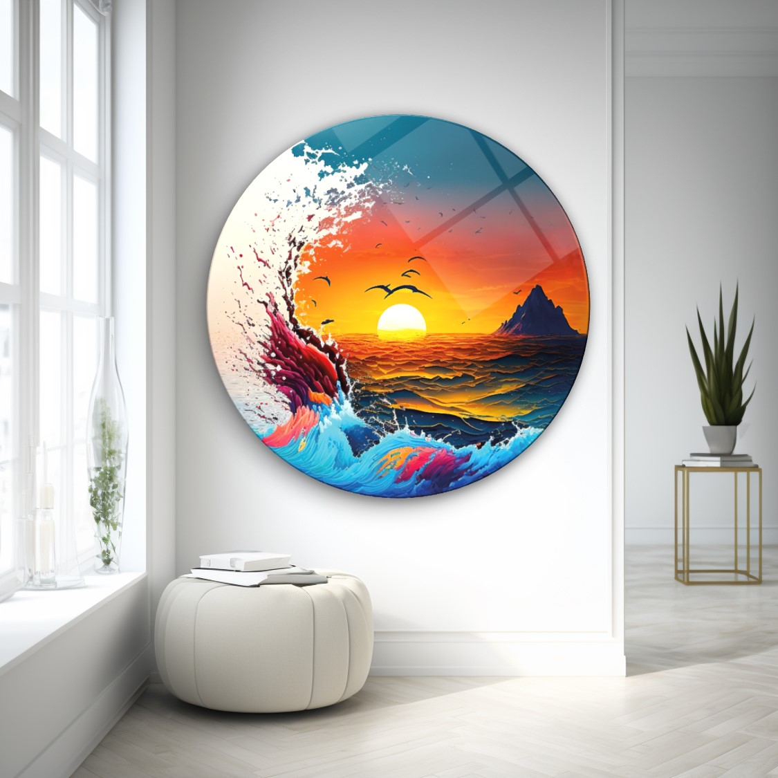 Deniz Manzarası Yuvarlak Cam Tablo