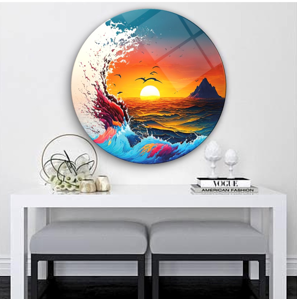 Deniz Manzarası Yuvarlak Cam Tablo