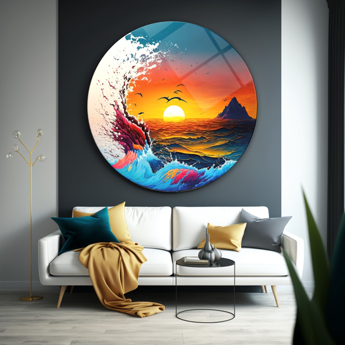 Deniz Manzarası Yuvarlak Cam Tablo