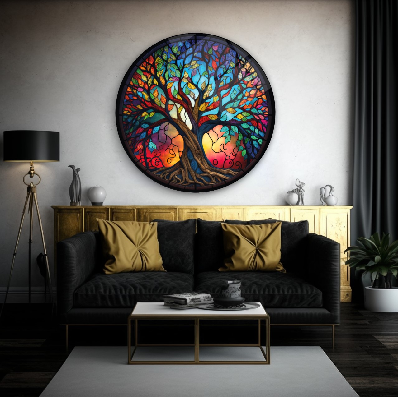 Yaşam Ağacı Vitray Yuvarlak Cam Tablo