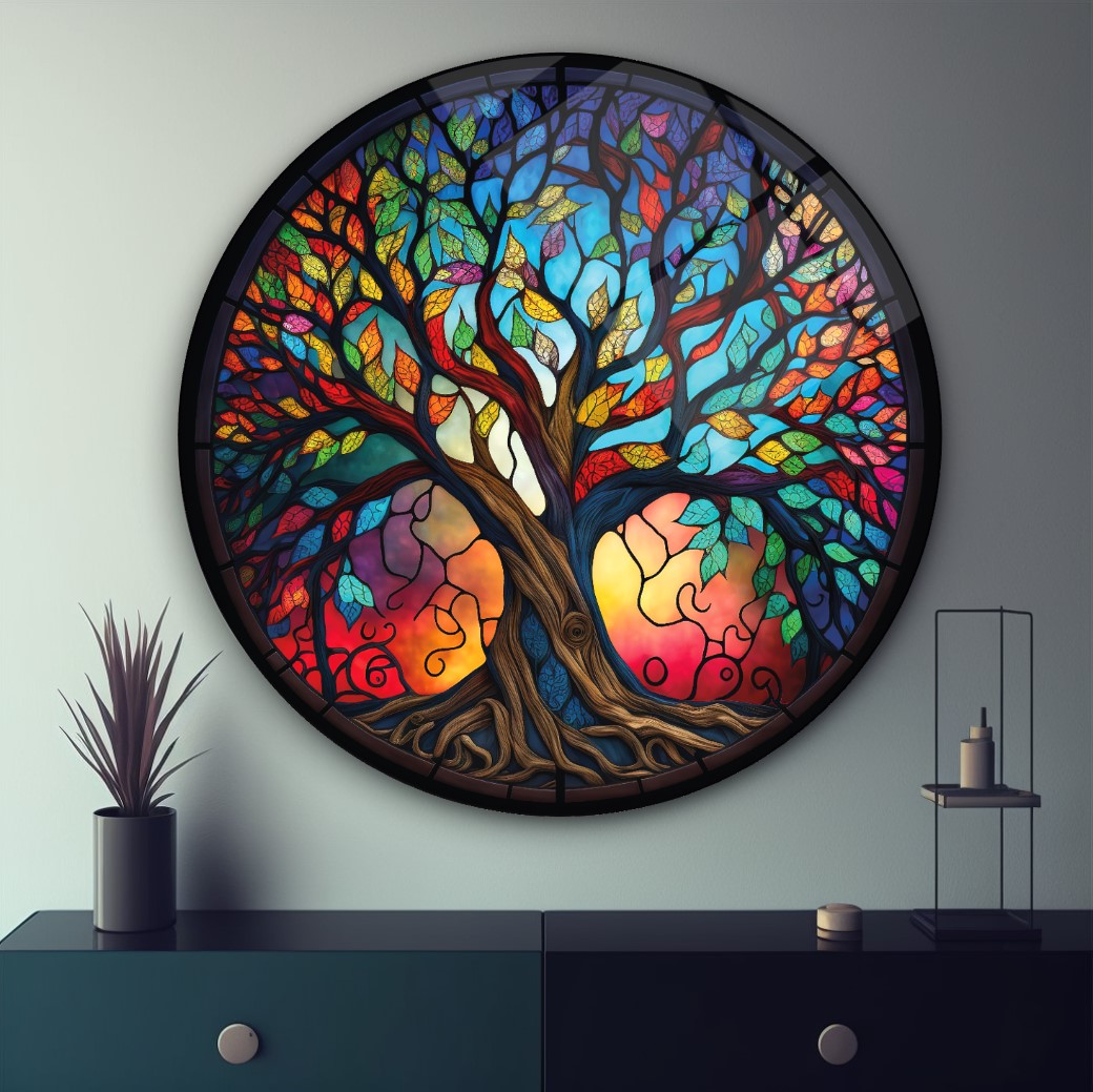 Yaşam Ağacı Vitray Yuvarlak Cam Tablo