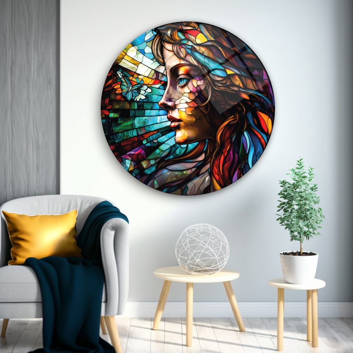 Kadın Vitray Yuvarlak Cam Tablo