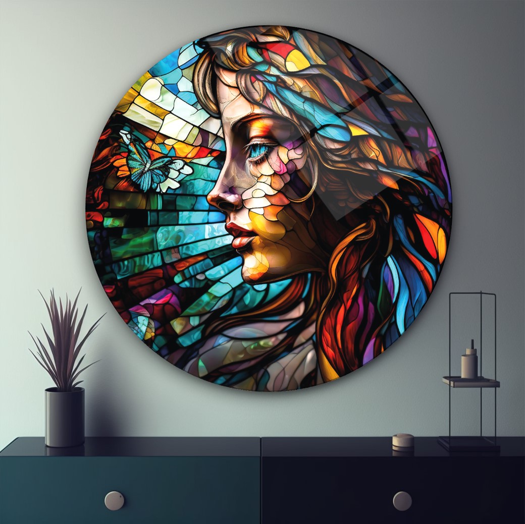 Kadın Vitray Yuvarlak Cam Tablo
