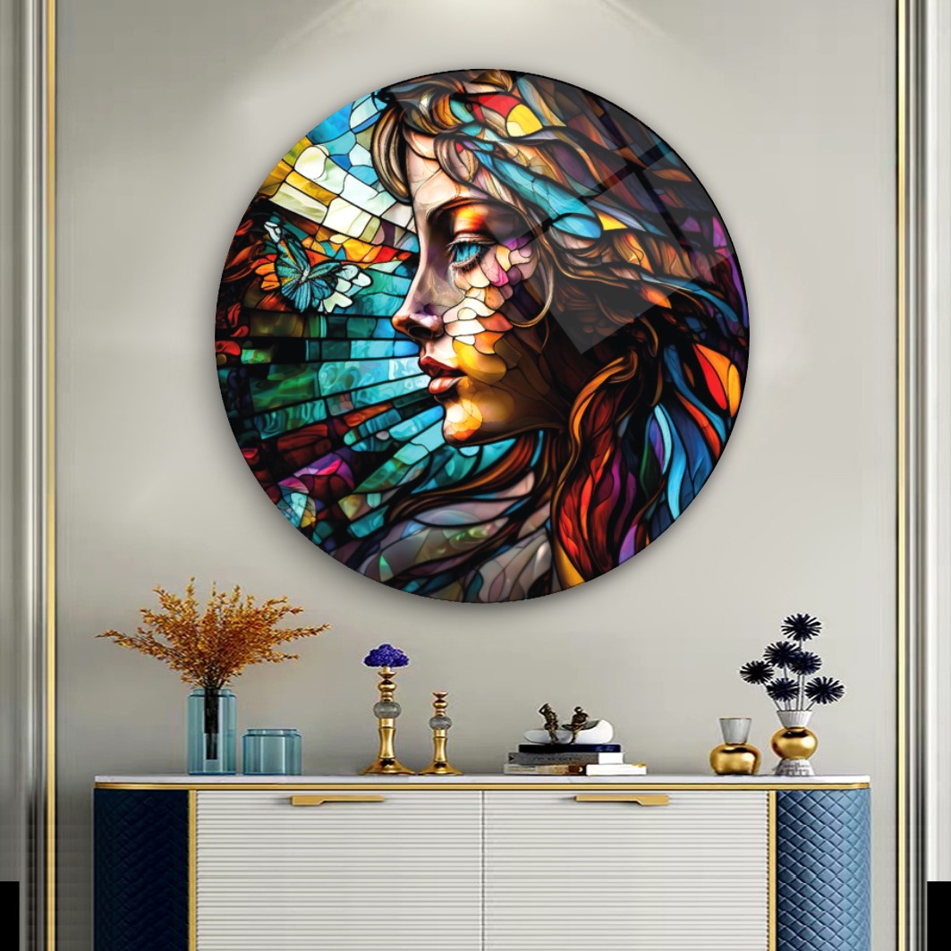Kadın Vitray Yuvarlak Cam Tablo