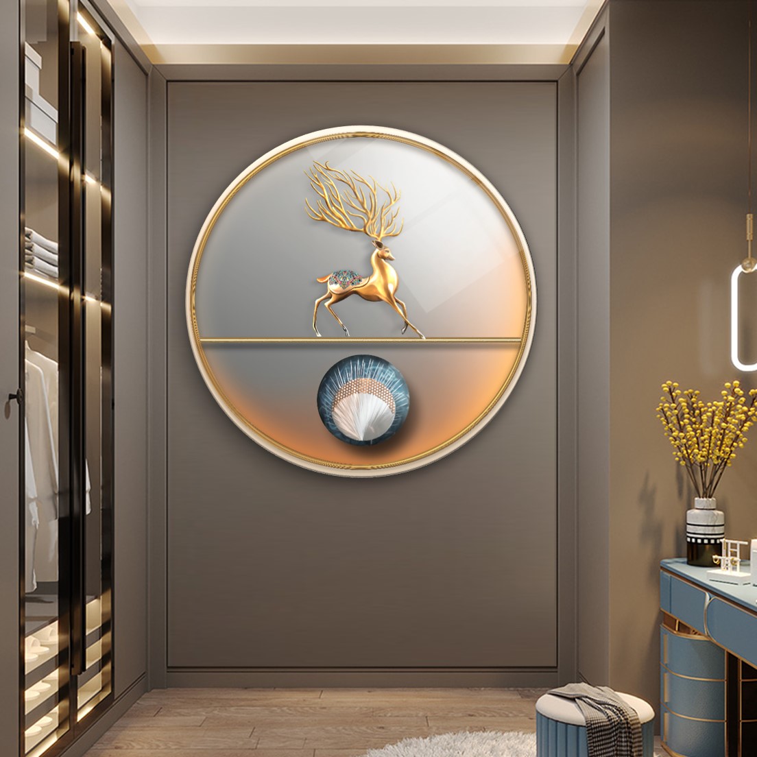 Gold Geyik Yuvarlak Cam Tablo
